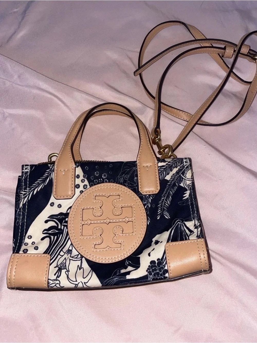 Tassel-Accent Mini Crossbody Bag in Tan and Navy